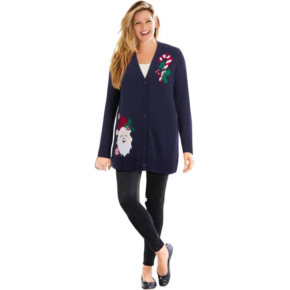 image:imageWoman Within Plus Size Holiday Motif Cardigan SweaterNavy Happy Santa