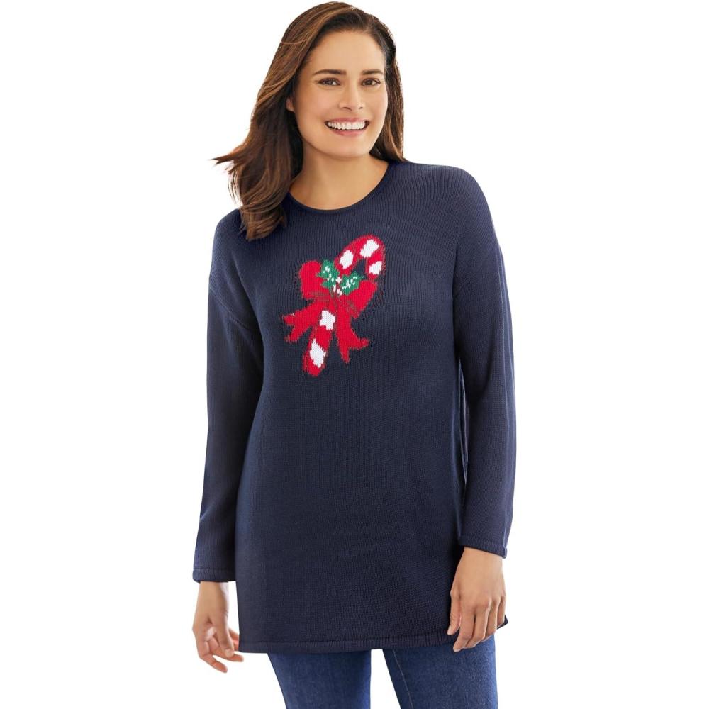 image:imageWoman Within Plus Size Holiday Motif SweaterNavy Candy Cane