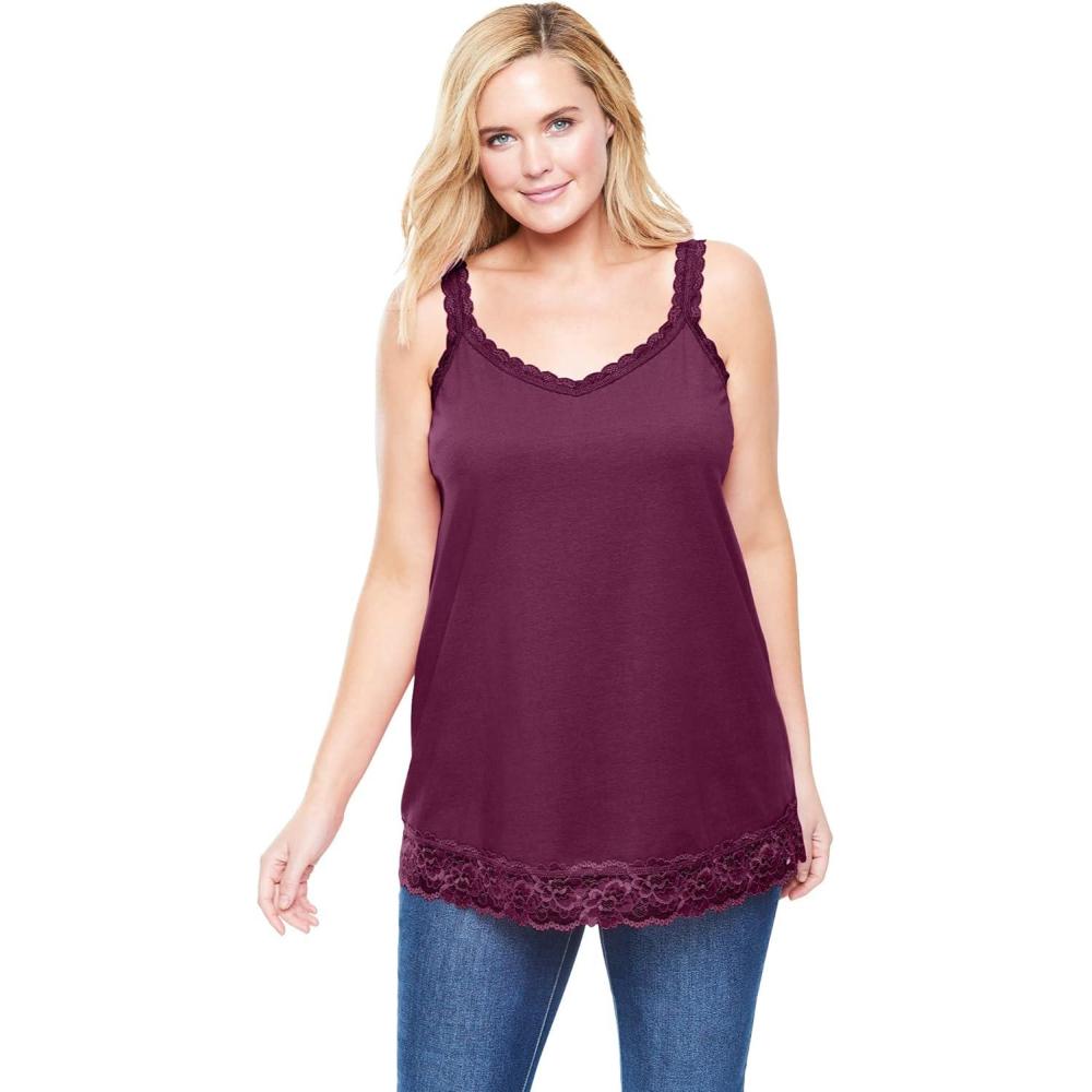 image:imageWoman Within Plus Size LaceTrim VNeck TankDeep Claret