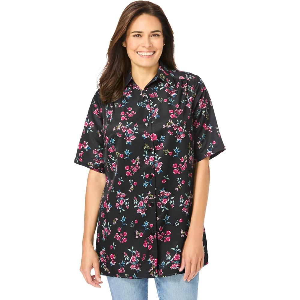 image:imageWoman Within Plus Size No Iron Short Sleeve Peachskin ShirtBlack Floral