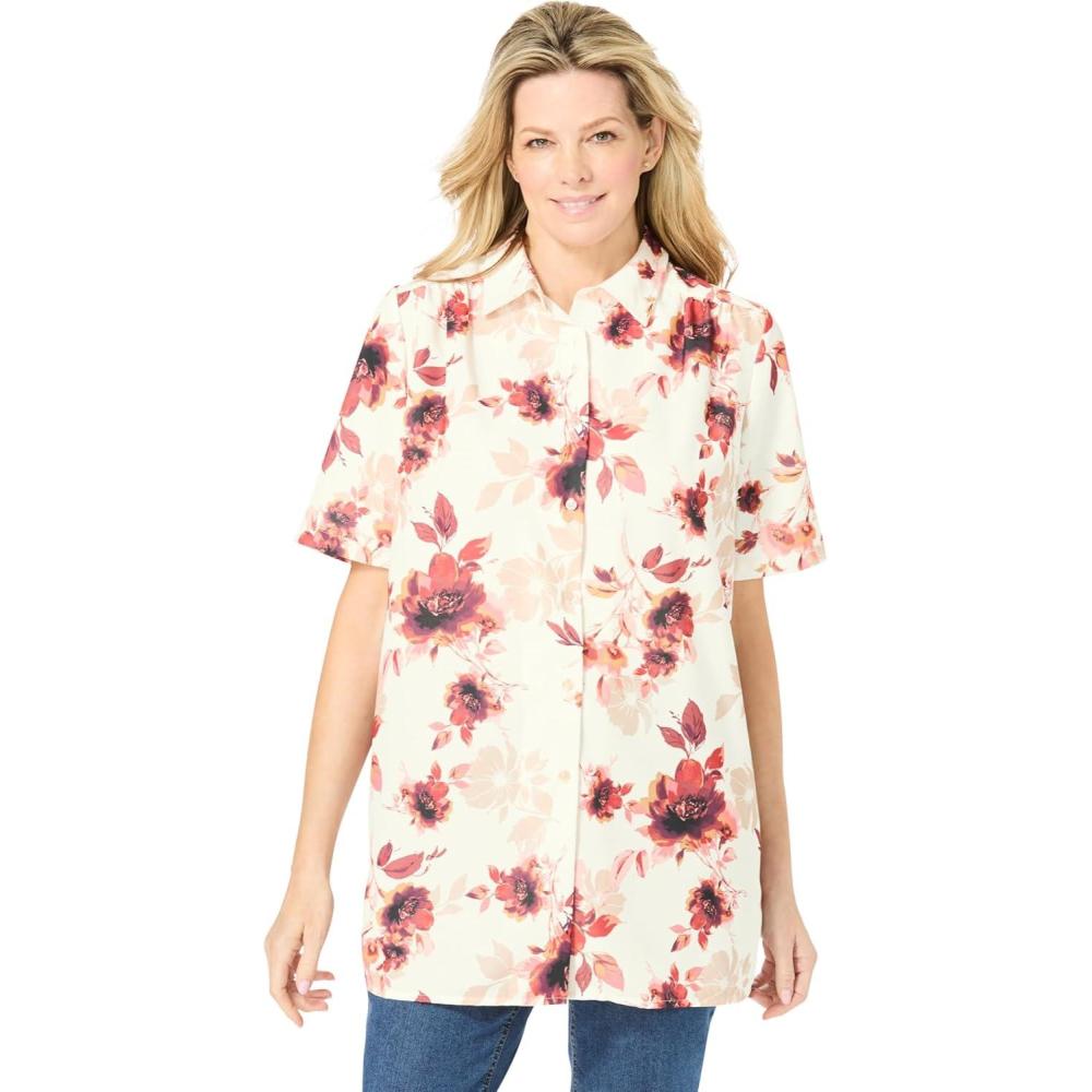 image:imageWoman Within Plus Size No Iron Short Sleeve Peachskin ShirtIvory Romantic Floral