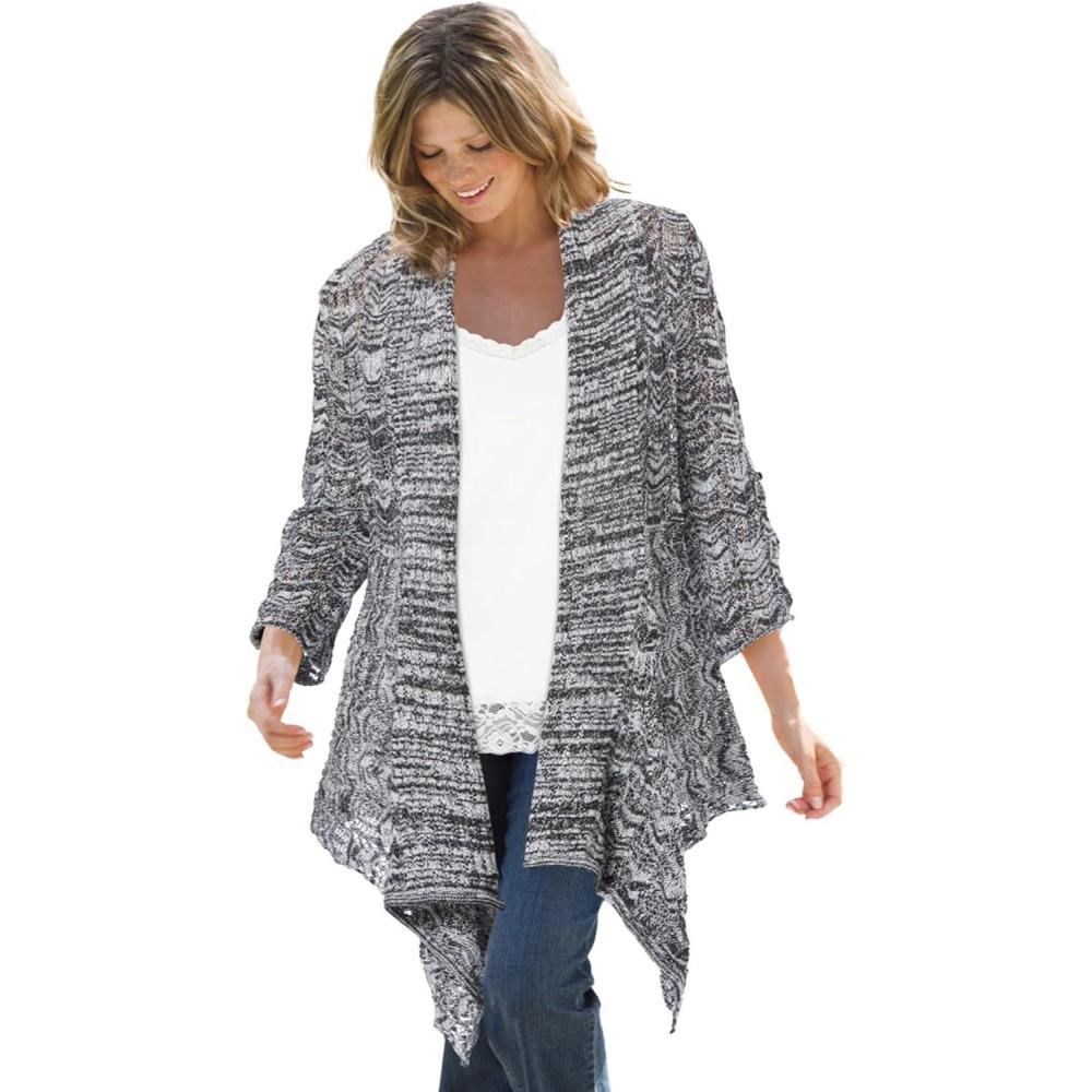 image:imageWoman Within Plus Size Open Front Pointelle Cardigan SweaterBlack White Marled
