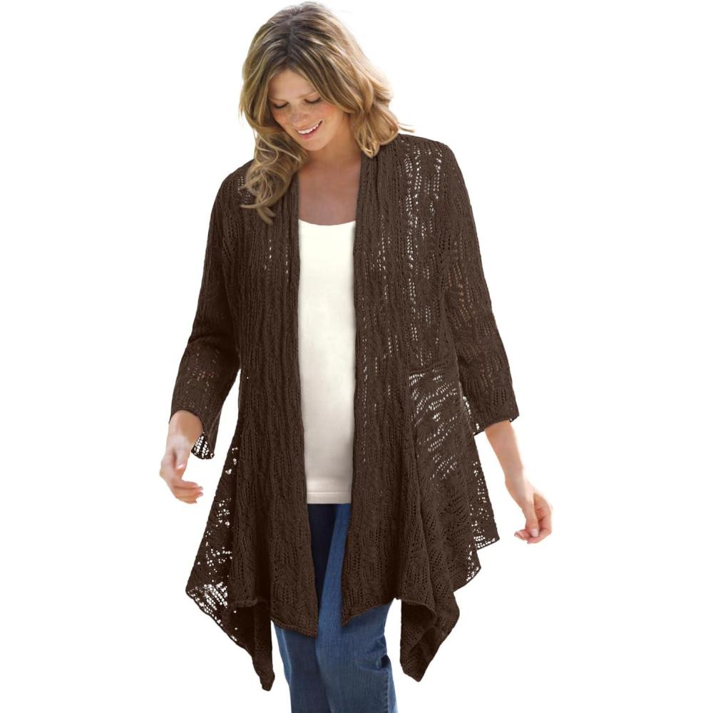 image:imageWoman Within Plus Size Open Front Pointelle Cardigan SweaterChocolate