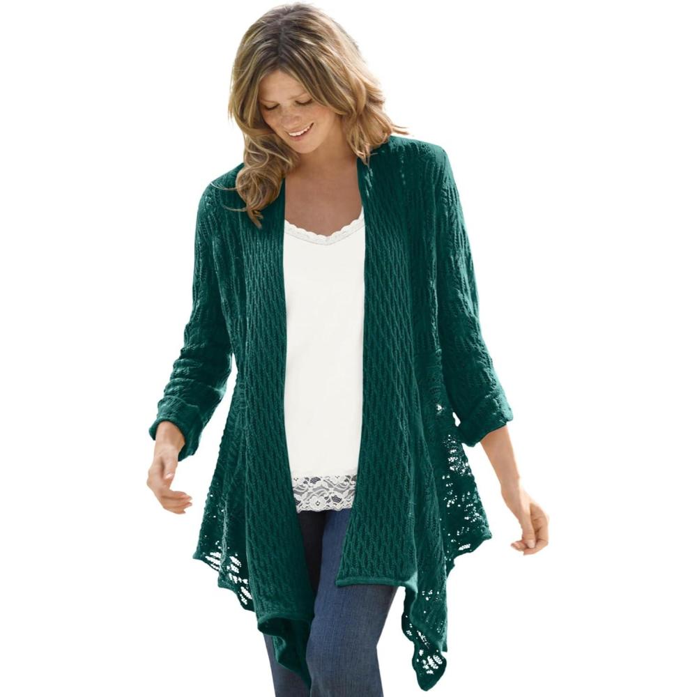 image:imageWoman Within Plus Size Open Front Pointelle Cardigan SweaterEmerald Green