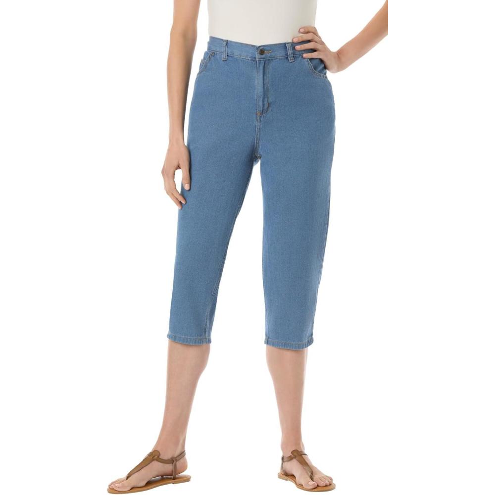 image:imageWoman Within Plus Size Perfect 5Pocket BackElastic Denim CapriLight Stonewash