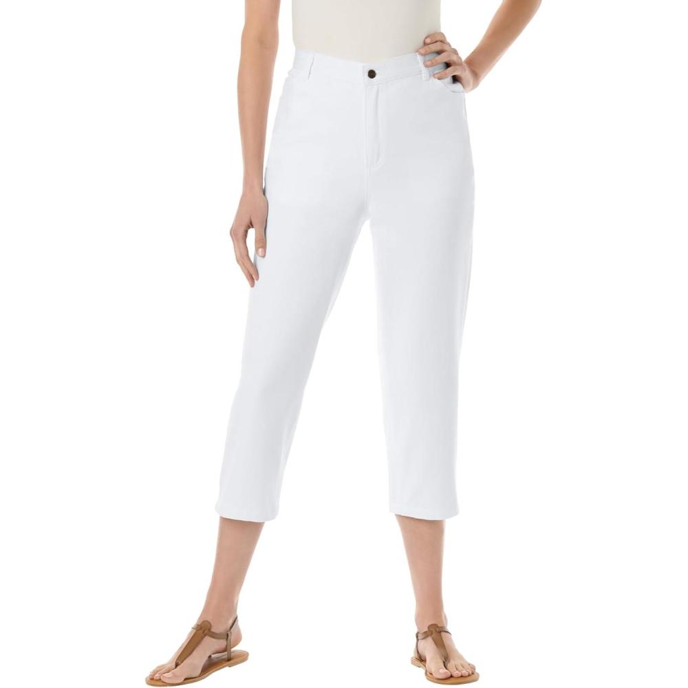 image:imageWoman Within Plus Size Perfect 5Pocket BackElastic Denim CapriWhite