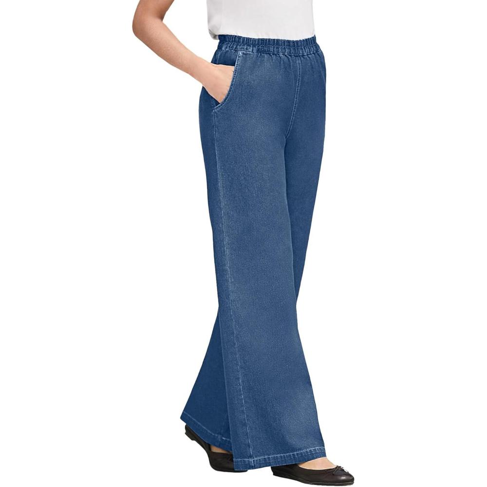 image:imageWoman Within Plus Size Perfect ElasticWaist WideLeg AllCotton PullOn Denim JeansMedium Stonewash