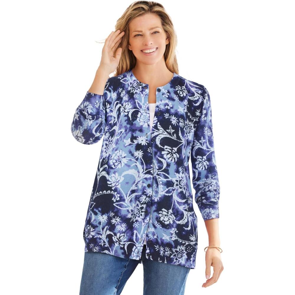 image:imageWoman Within Plus Size Perfect LongSleeve Cardigan SweaterNavy Floral Tie Dye