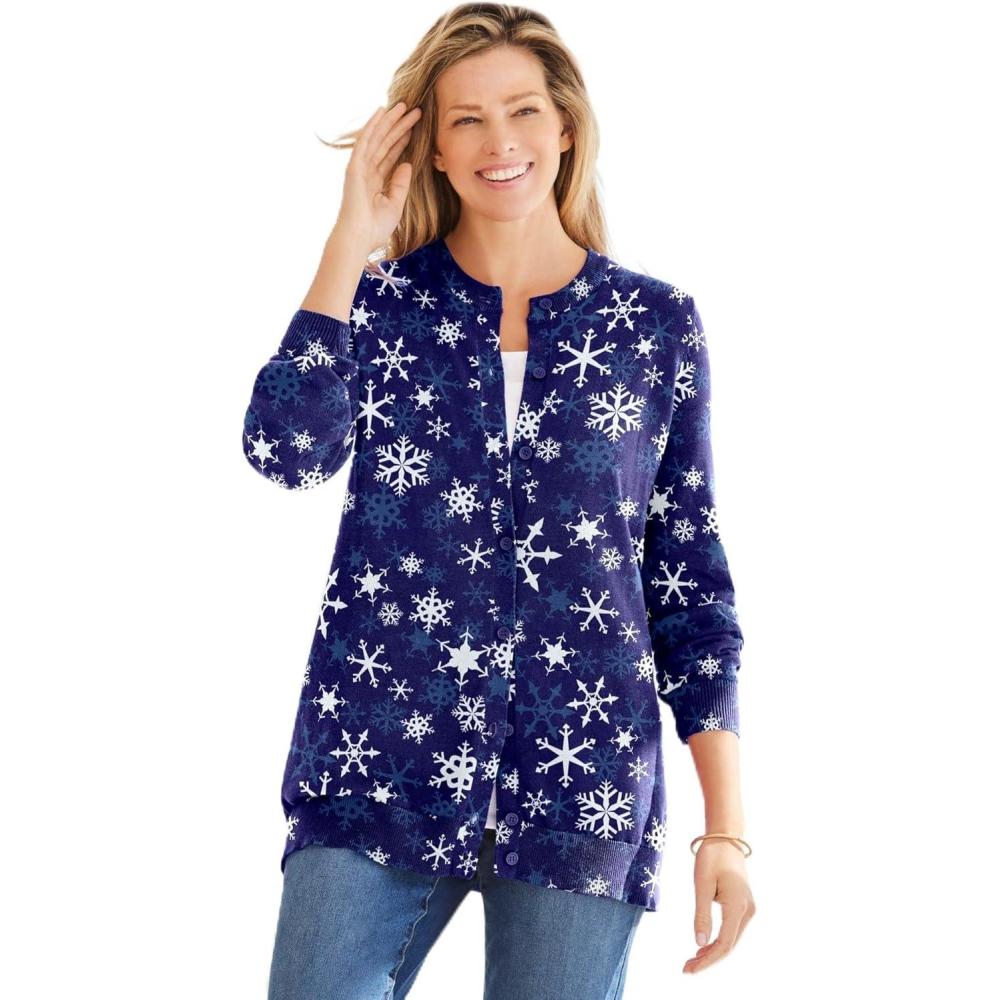 image:imageWoman Within Plus Size Perfect LongSleeve Cardigan SweaterNavy Midnight Snowflakes