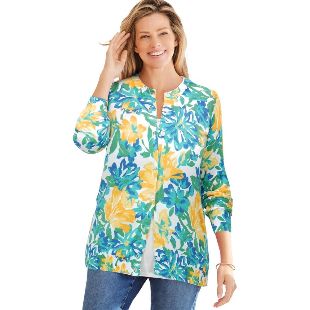 image:imageWoman Within Plus Size Perfect LongSleeve Cardigan SweaterYellow Painted Floral