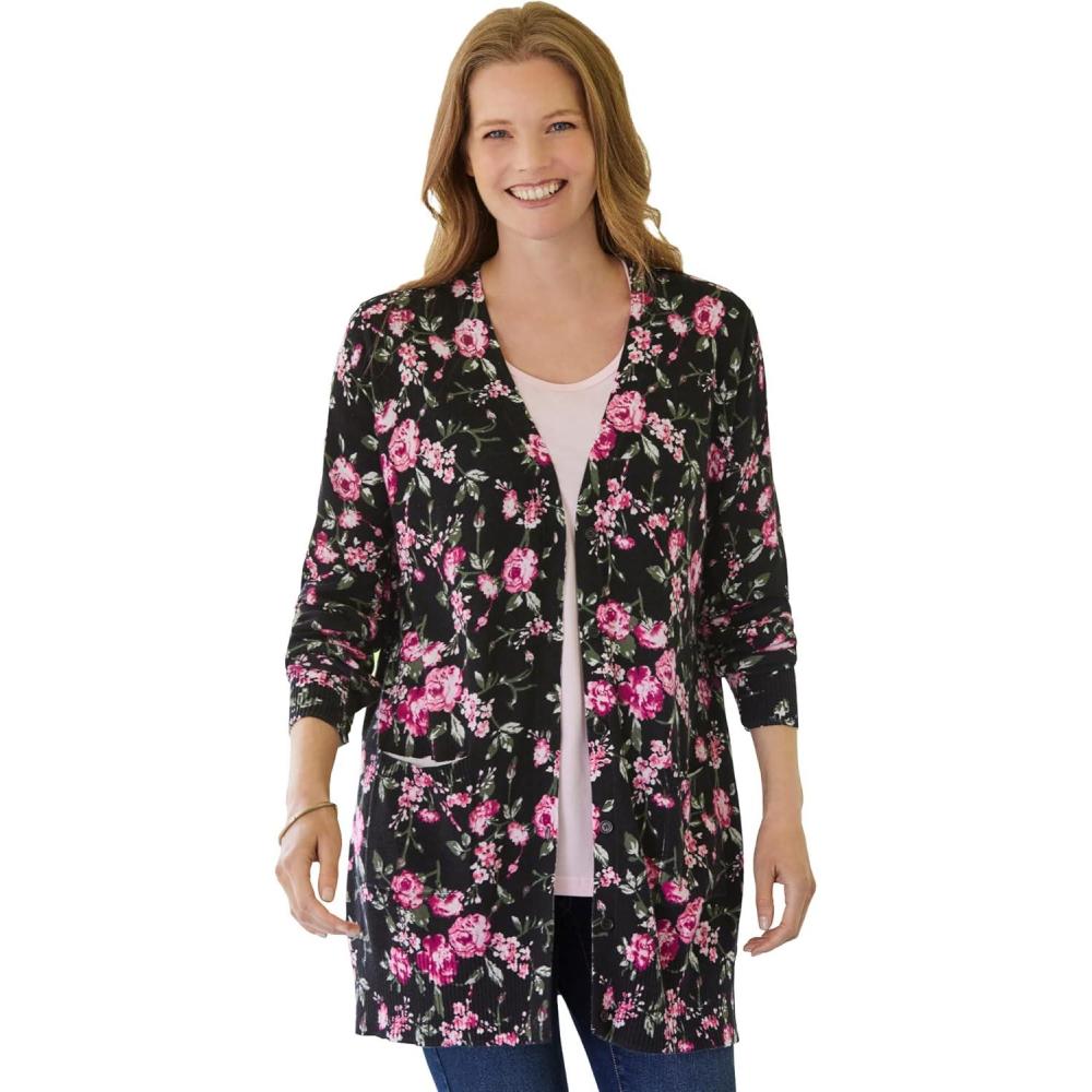 image:imageWoman Within Plus Size Perfect LongerLength Cotton Cardigan SweaterBlack Floral