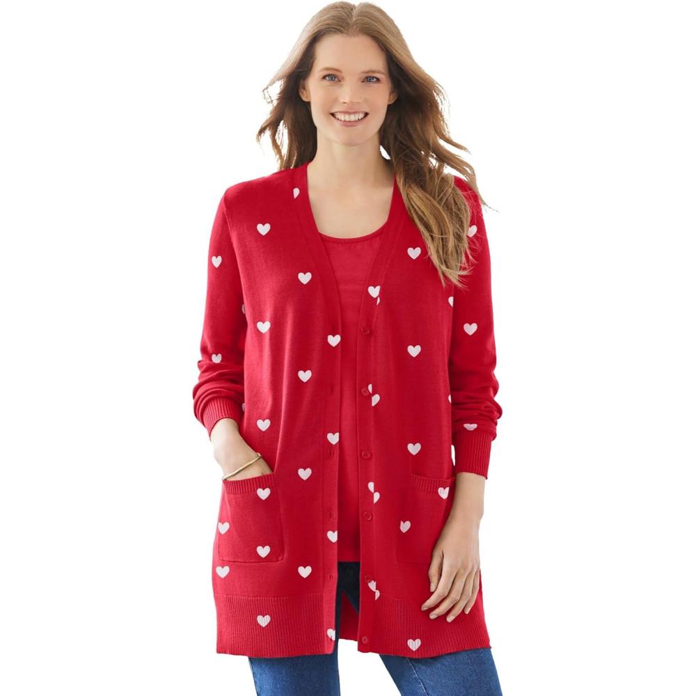 image:imageWoman Within Plus Size Perfect LongerLength Cotton Cardigan SweaterClassic Red Heart