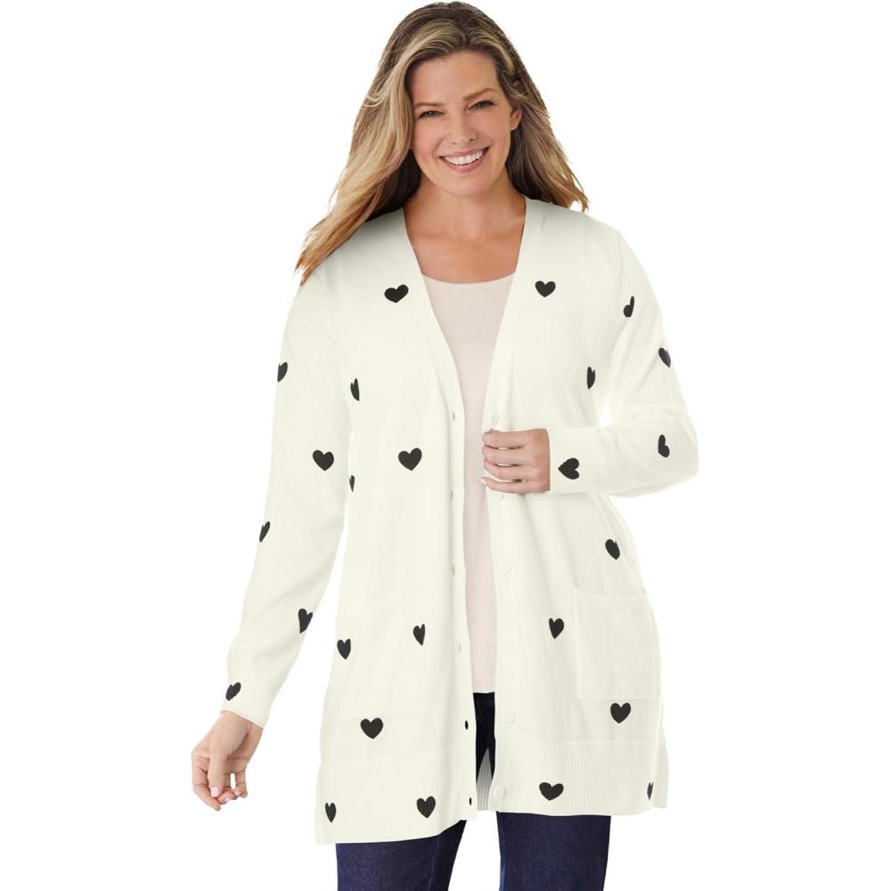 image:imageWoman Within Plus Size Perfect LongerLength Cotton Cardigan SweaterIvory Black Heart
