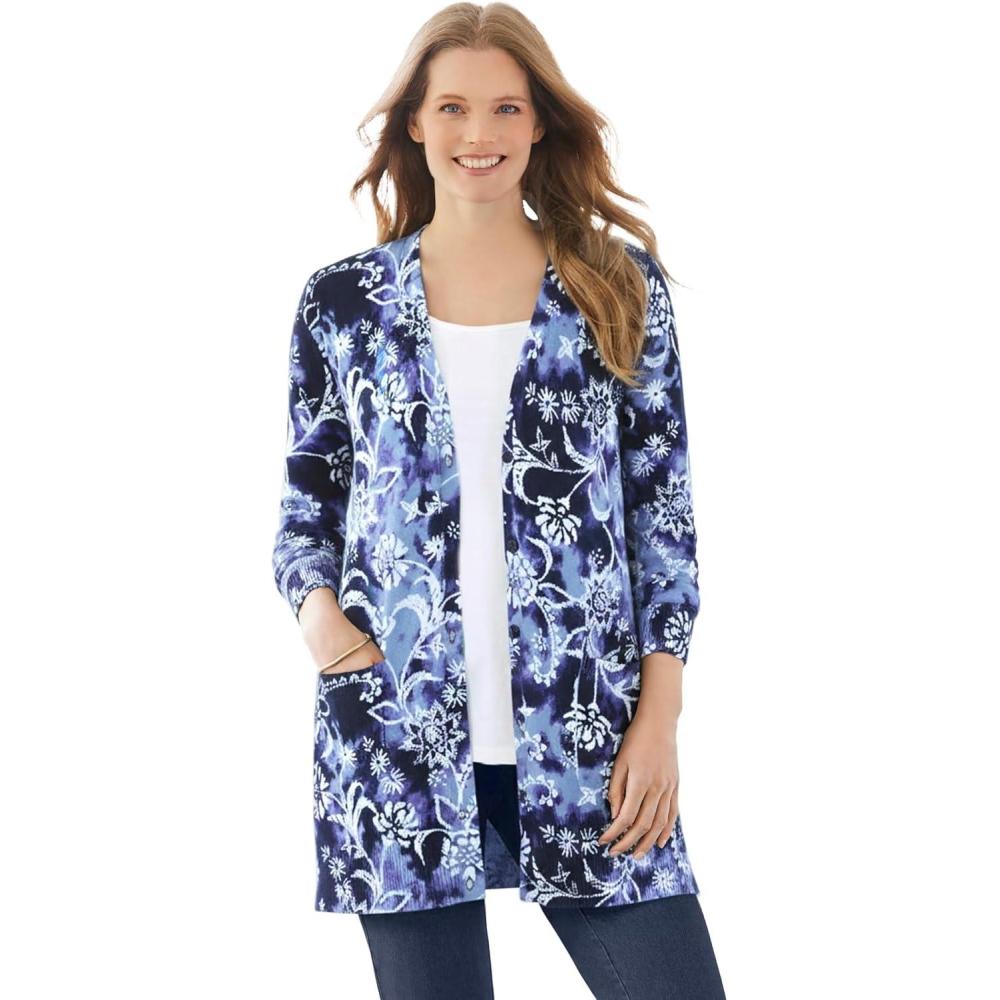 image:imageWoman Within Plus Size Perfect LongerLength Cotton Cardigan SweaterNavy Floral Tie Dye