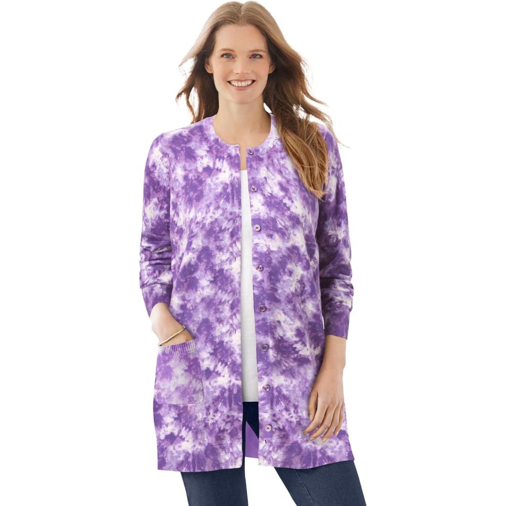 image:imageWoman Within Plus Size Perfect LongerLength Cotton Cardigan SweaterPetal Purple Tie Dye