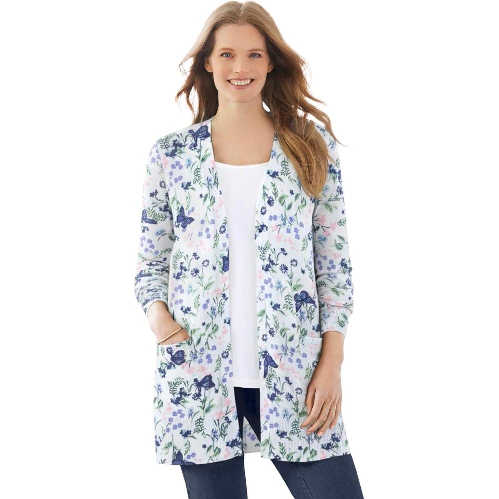 image:imageWoman Within Plus Size Perfect LongerLength Cotton Cardigan SweaterWhite Butterfly Garden