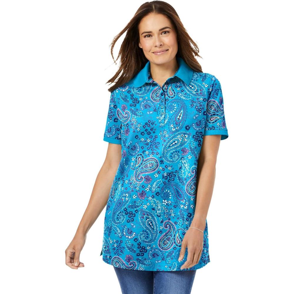 image:imageWoman Within Plus Size Perfect Printed ShortSleeve Polo ShirtPretty Turquoise Paisley