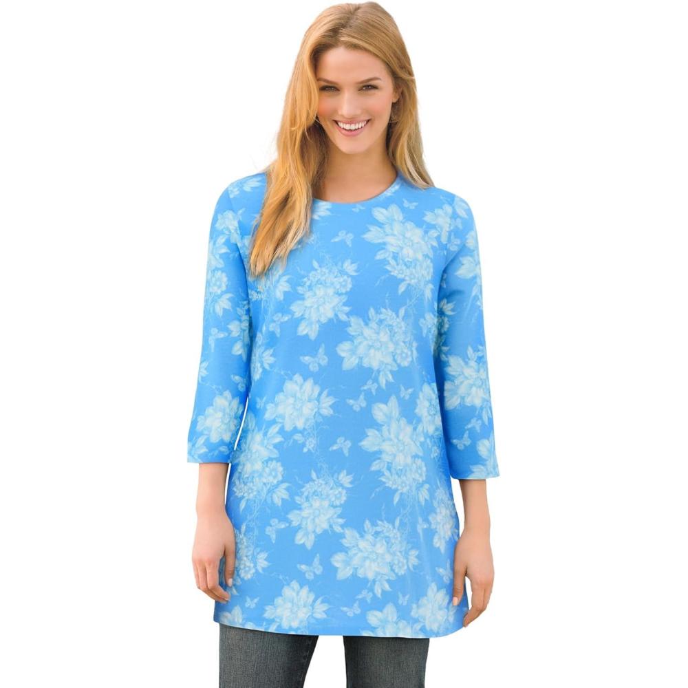 image:imageWoman Within Plus Size Perfect Printed ThreeQuarterSleeve Scoopneck TunicAzure Butterfly Bloom