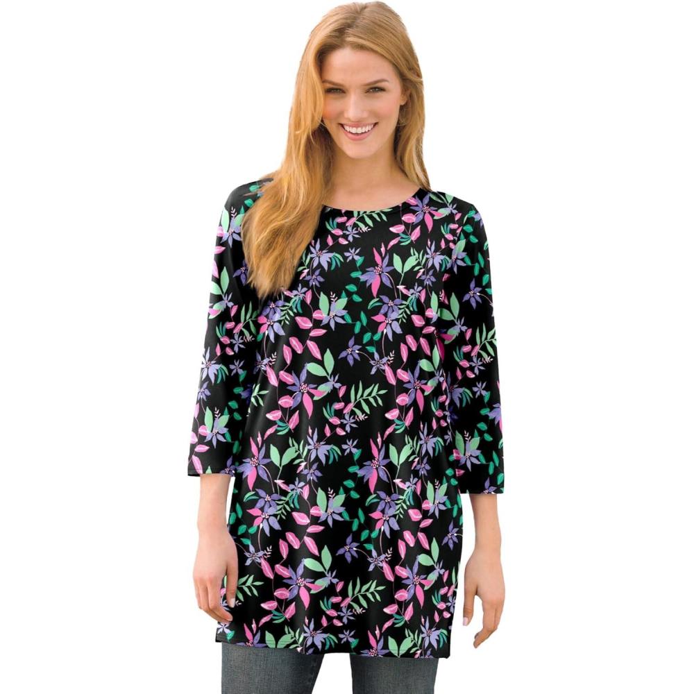 image:imageWoman Within Plus Size Perfect Printed ThreeQuarterSleeve Scoopneck TunicBlack Multi Floral
