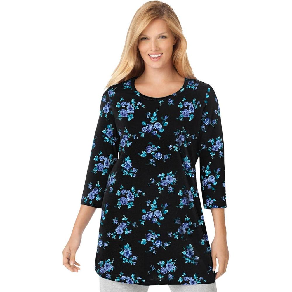 image:imageWoman Within Plus Size Perfect Printed ThreeQuarterSleeve Scoopneck TunicBlue Rose Ditsy Bouquet
