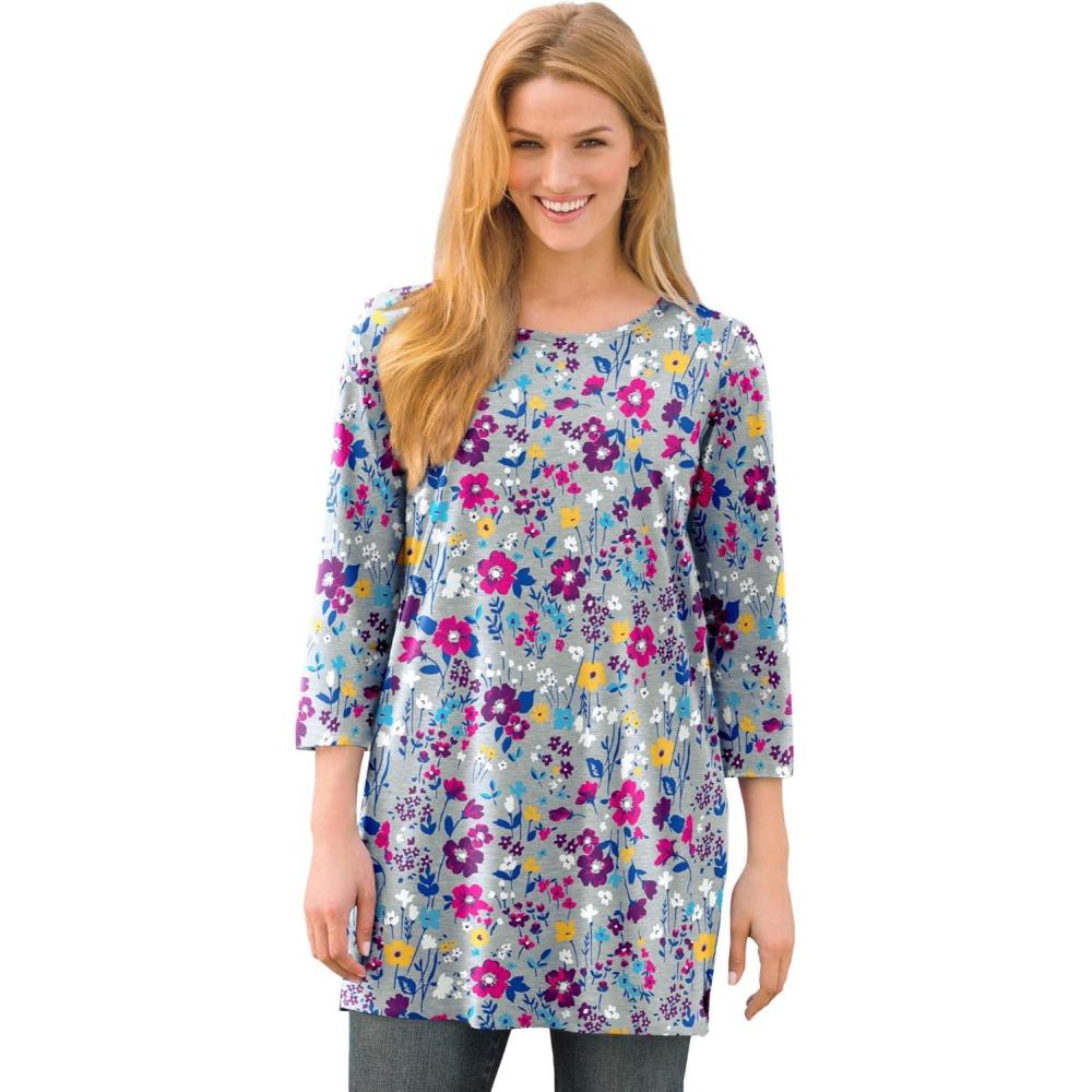 image:imageWoman Within Plus Size Perfect Printed ThreeQuarterSleeve Scoopneck TunicHeather Grey Field Floral