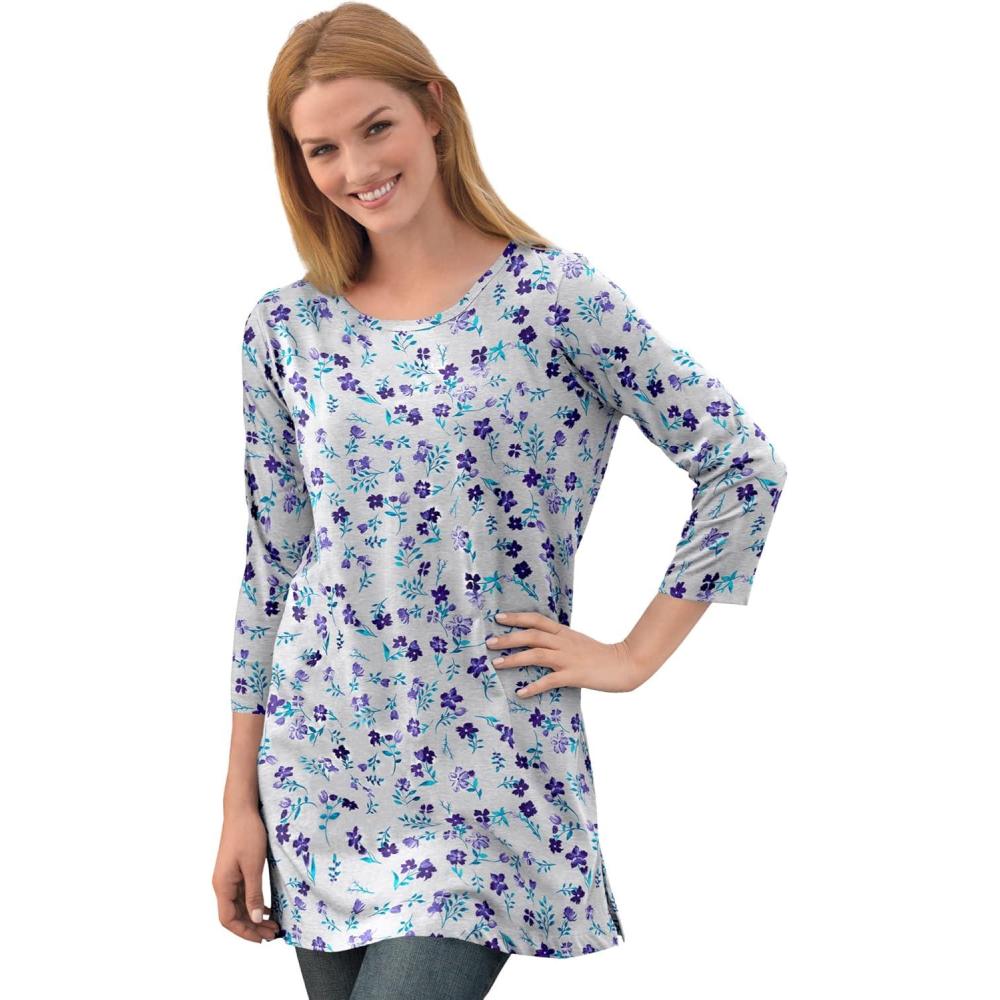 image:imageWoman Within Plus Size Perfect Printed ThreeQuarterSleeve Scoopneck TunicHeather Grey Pretty Floral