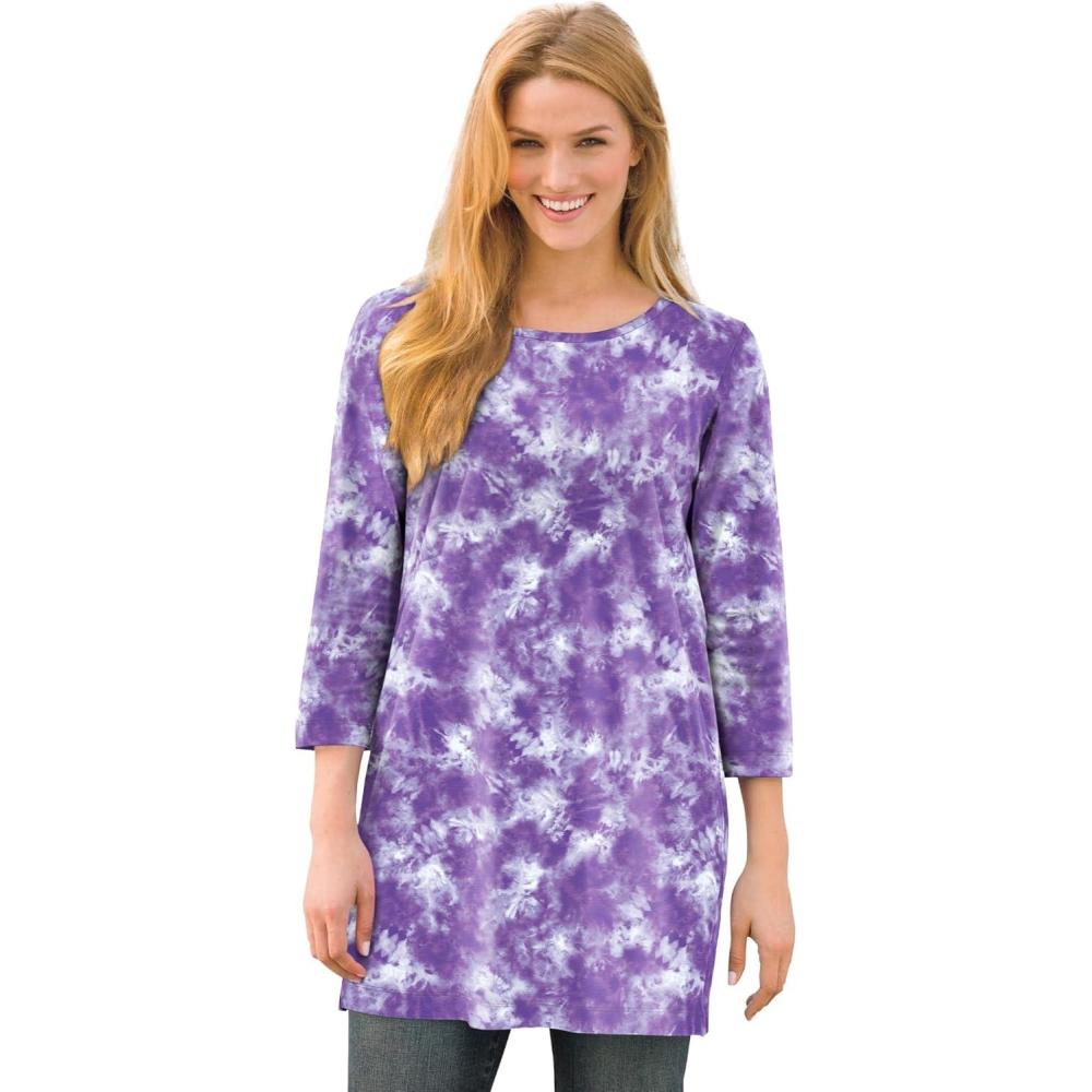image:imageWoman Within Plus Size Perfect Printed ThreeQuarterSleeve Scoopneck TunicPetal Purple Tie Dye