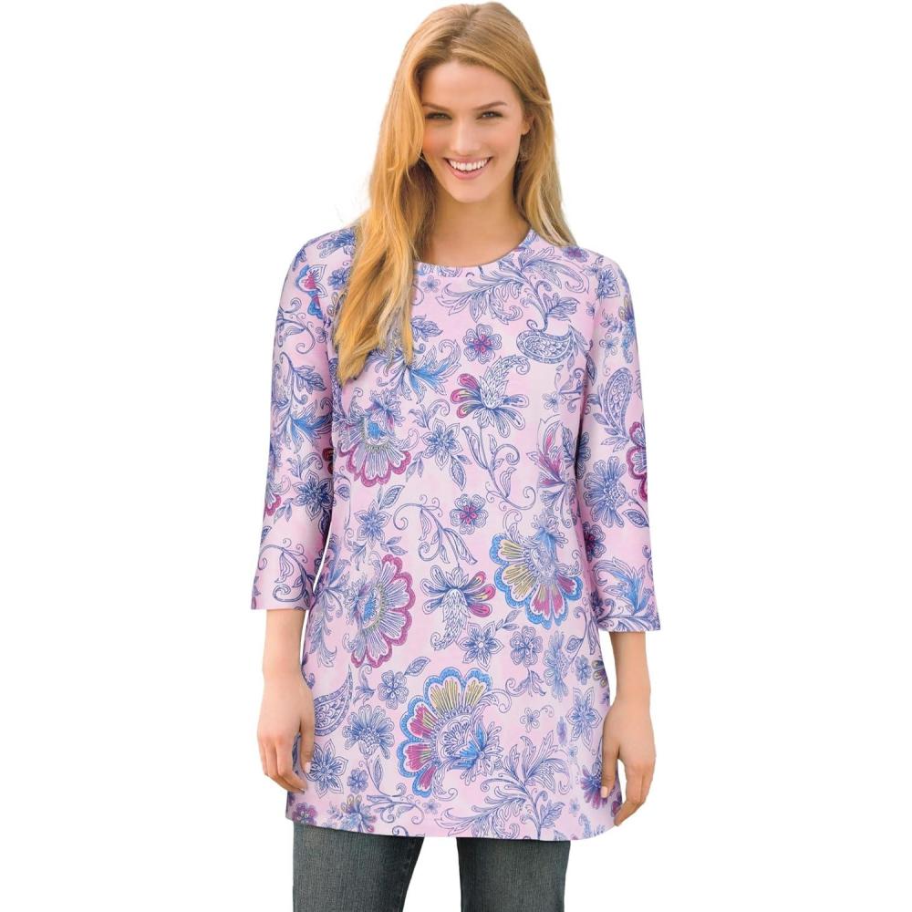 image:imageWoman Within Plus Size Perfect Printed ThreeQuarterSleeve Scoopneck TunicPink Tie Dye Batik