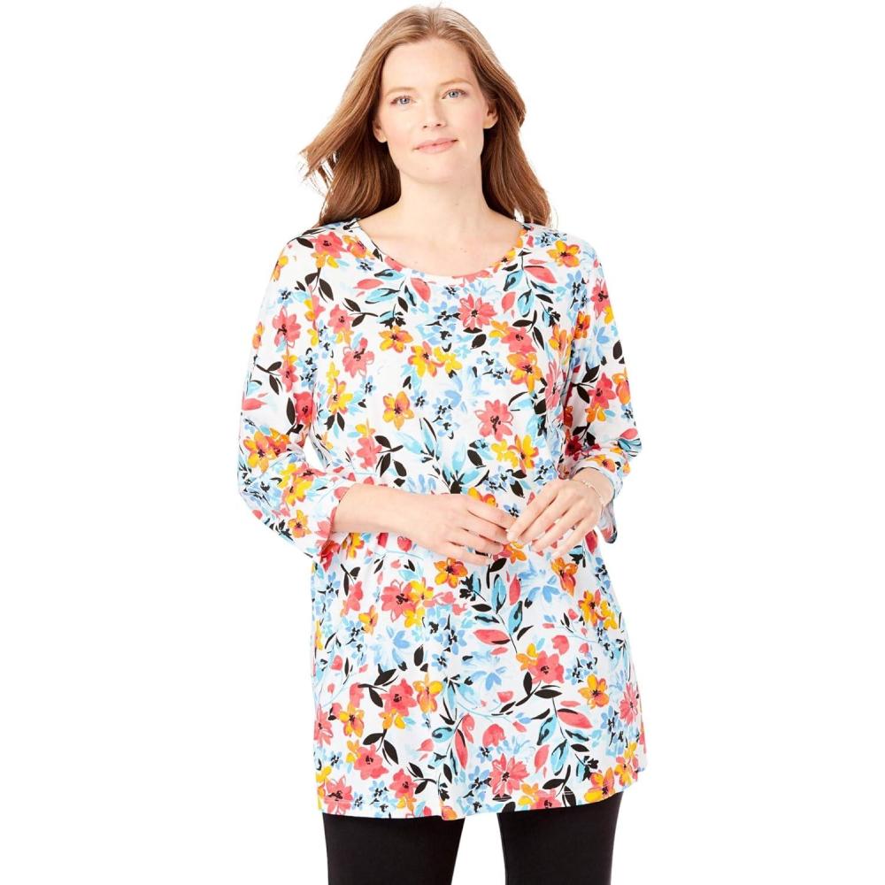 image:imageWoman Within Plus Size Perfect Printed ThreeQuarterSleeve Scoopneck TunicWhite Painterly Bloom