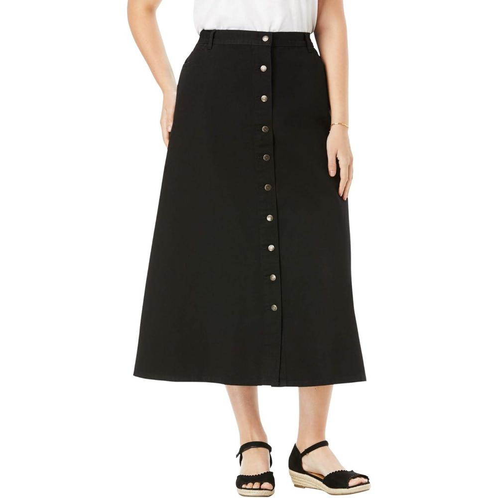 image:imageWoman Within Plus Size Perfect SideElastic AllCotton Button Front Denim Jeans SkirtBlack