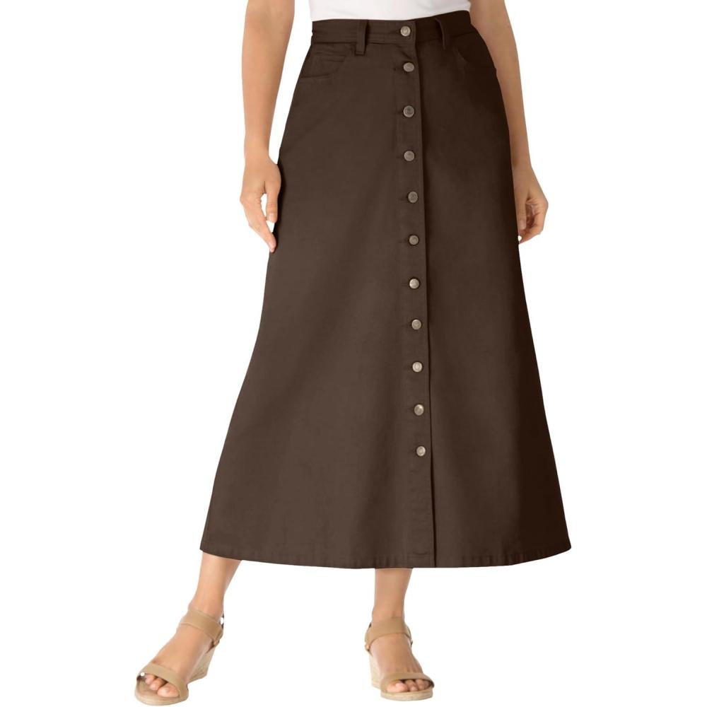 image:imageWoman Within Plus Size Perfect SideElastic AllCotton Button Front Denim Jeans SkirtChocolate