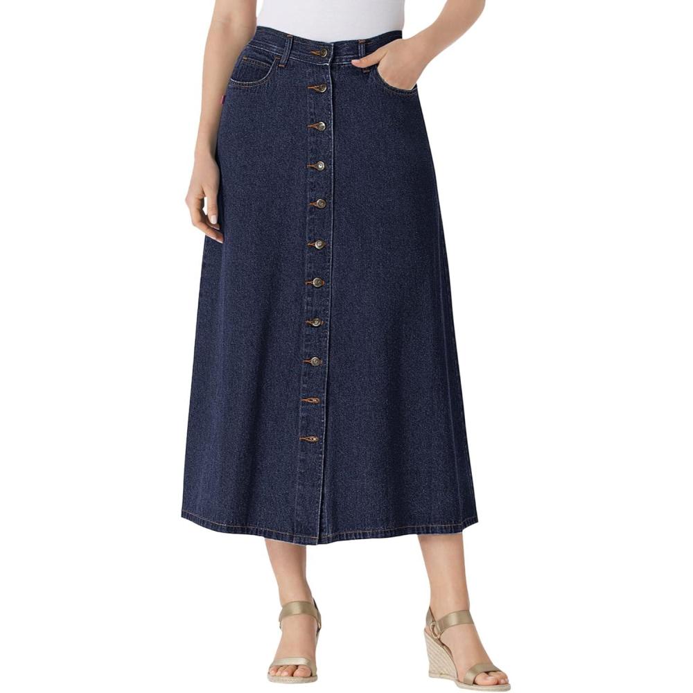 image:imageWoman Within Plus Size Perfect SideElastic AllCotton Button Front Denim Jeans SkirtIndigo