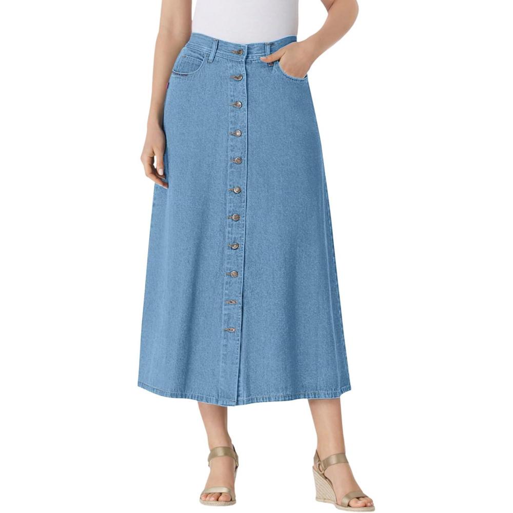image:imageWoman Within Plus Size Perfect SideElastic AllCotton Button Front Denim Jeans SkirtLight Stonewash