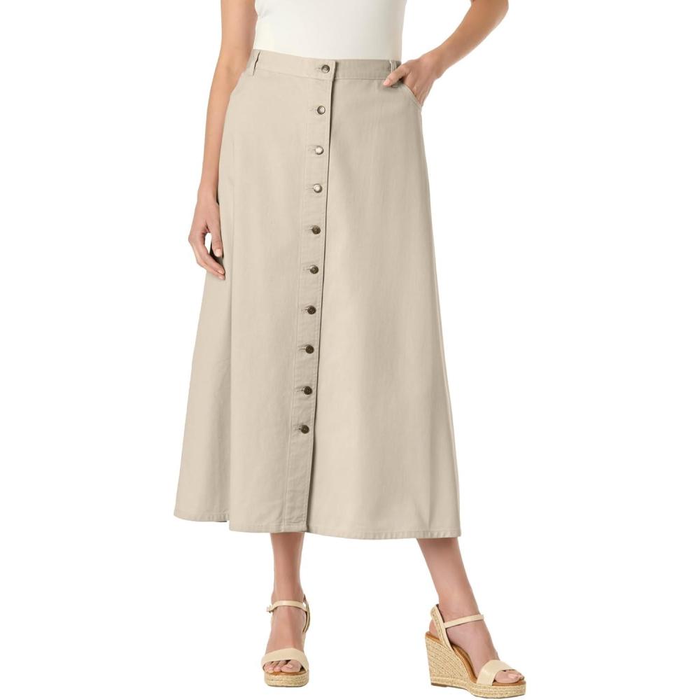 image:imageWoman Within Plus Size Perfect SideElastic AllCotton Button Front Denim Jeans SkirtNatural Khaki
