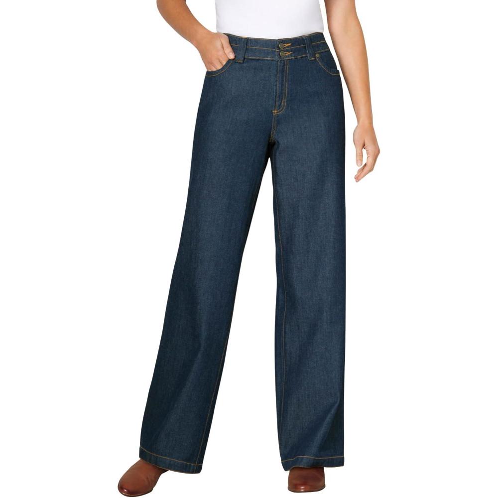 image:imageWoman Within Plus Size Perfect WideLeg AllCotton Denim FivePocket JeansIndigo