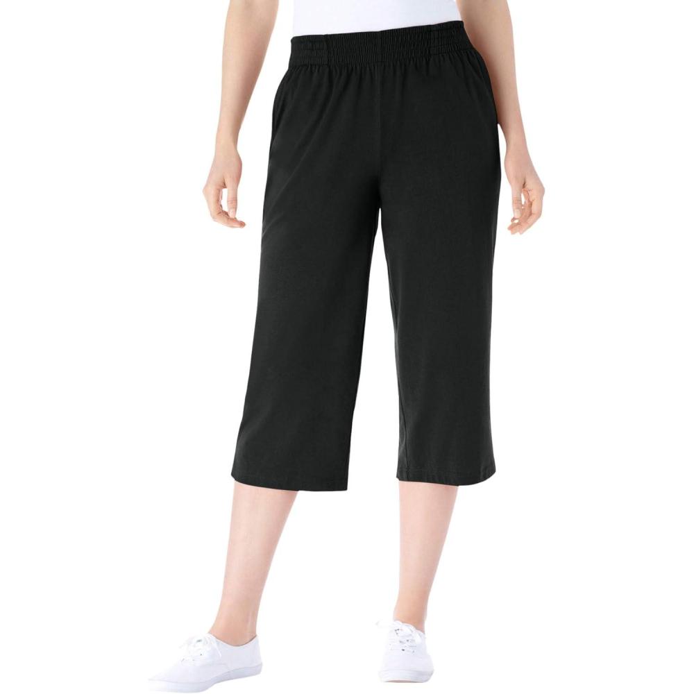 image:imageWoman Within Plus Size Petite ElasticWaist PullOn Knit Pocket Capri PantsBlack
