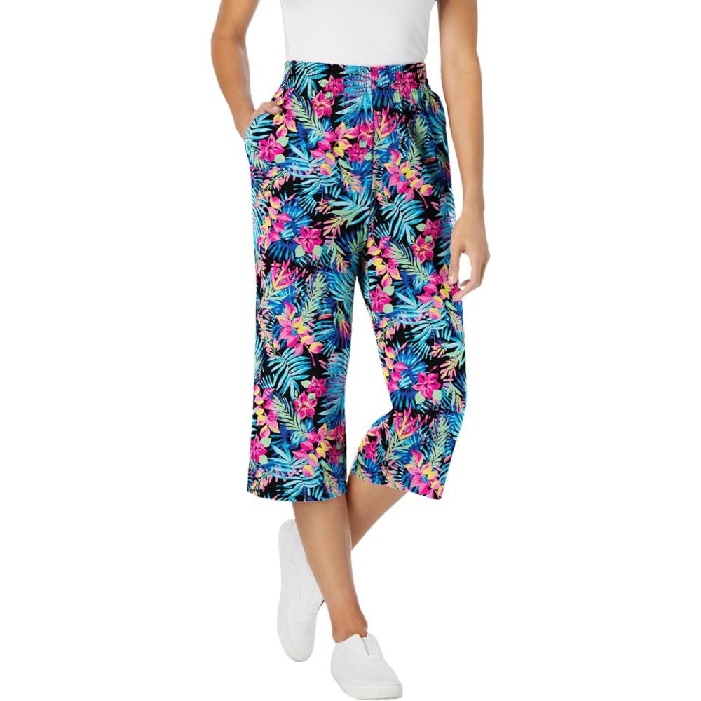 image:imageWoman Within Plus Size Petite ElasticWaist PullOn Knit Pocket Capri PantsBlack Multi Watercolor Tropicana