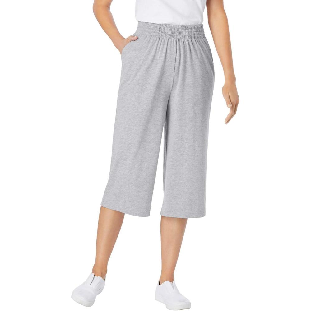 image:imageWoman Within Plus Size Petite ElasticWaist PullOn Knit Pocket Capri PantsHeather Grey