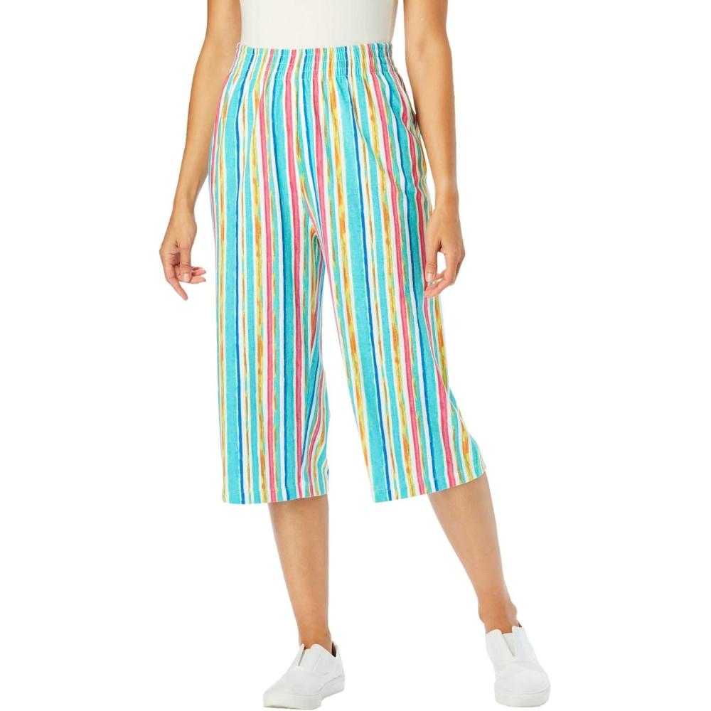 image:imageWoman Within Plus Size Petite ElasticWaist PullOn Knit Pocket Capri PantsWhite Multi Watercolor Stripe