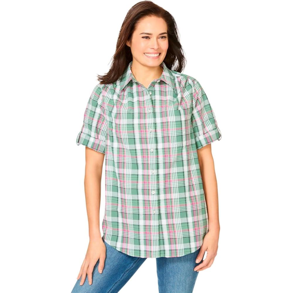 image:imageWoman Within Plus Size Petite ShortSleeve Button Down Seersucker ShirtPine Plaid