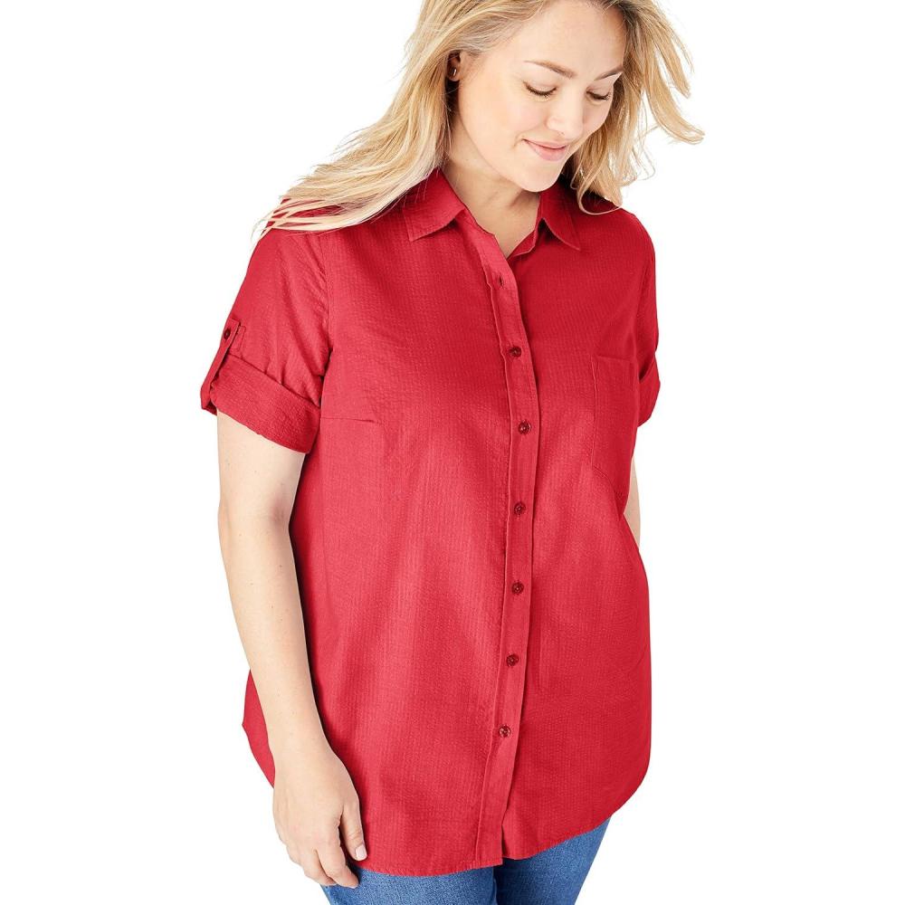 image:imageWoman Within Plus Size Petite ShortSleeve Button Down Seersucker ShirtVivid Red
