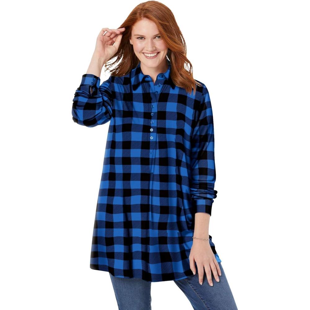 image:imageWoman Within Plus Size Plaid Knit Tunic with CollarBright Cobalt Plaid
