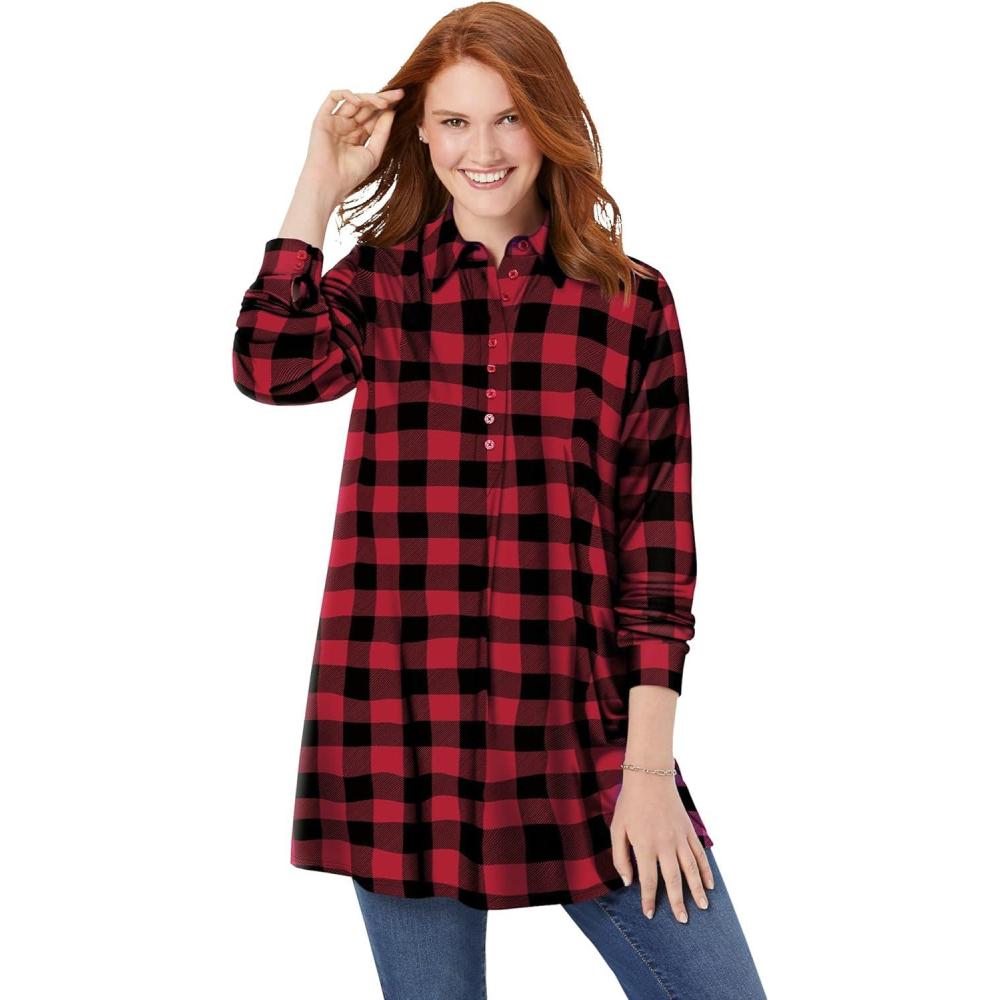 image:imageWoman Within Plus Size Plaid Knit Tunic with CollarClassic Red Plaid