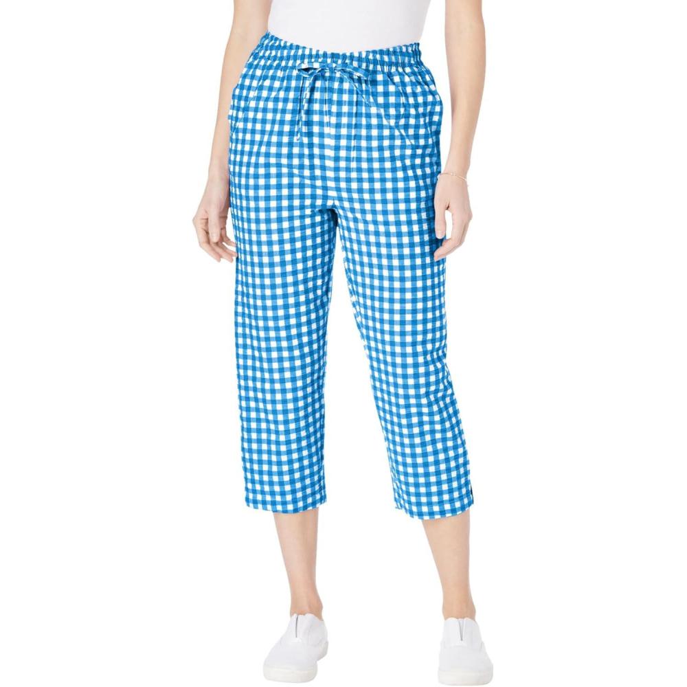 image:imageWoman Within Plus Size Seersucker PullOn ElasticWaist Capri PantsBright Cobalt Gingham
