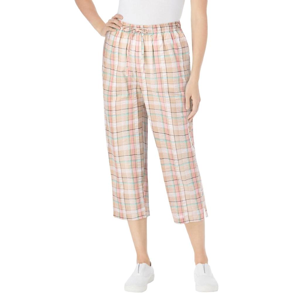 image:imageWoman Within Plus Size Seersucker PullOn ElasticWaist Capri PantsNew Khaki Plaid