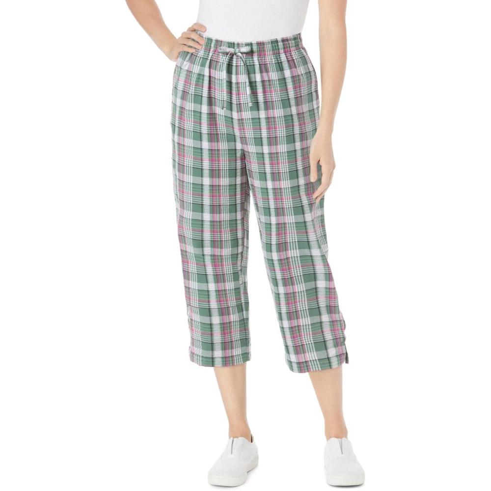 image:imageWoman Within Plus Size Seersucker PullOn ElasticWaist Capri PantsPine Plaid