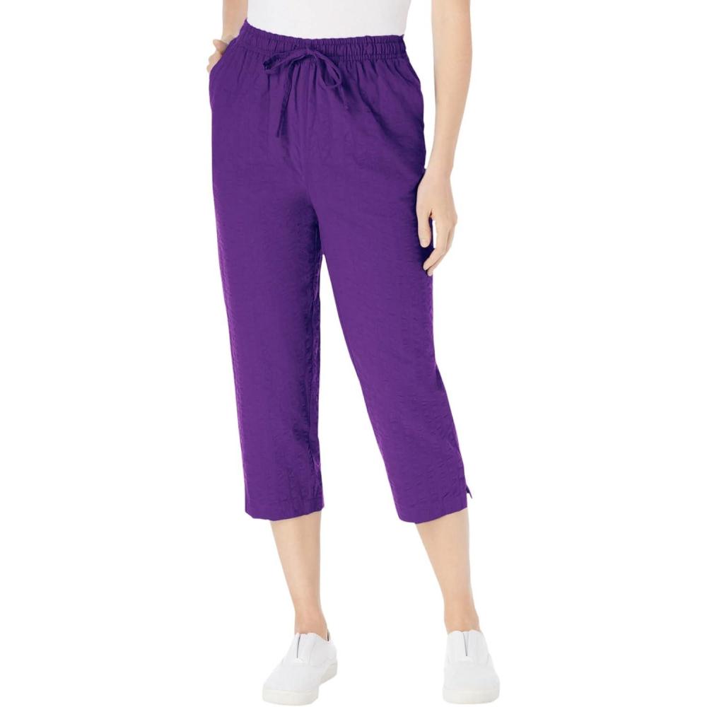 image:imageWoman Within Plus Size Seersucker PullOn ElasticWaist Capri PantsPurple Orchid