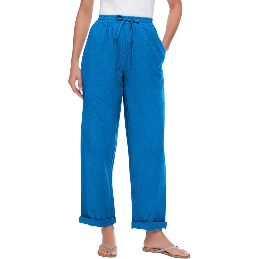 image:imageWoman Within Plus Size Seersucker PullOn ElasticWaist PantsBright Cobalt