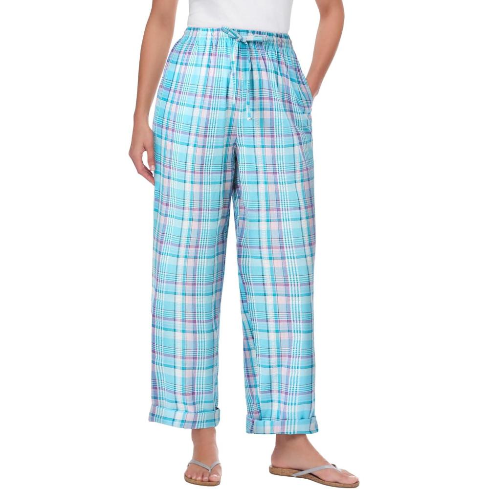 image:imageWoman Within Plus Size Seersucker PullOn ElasticWaist PantsParadise Blue Plaid