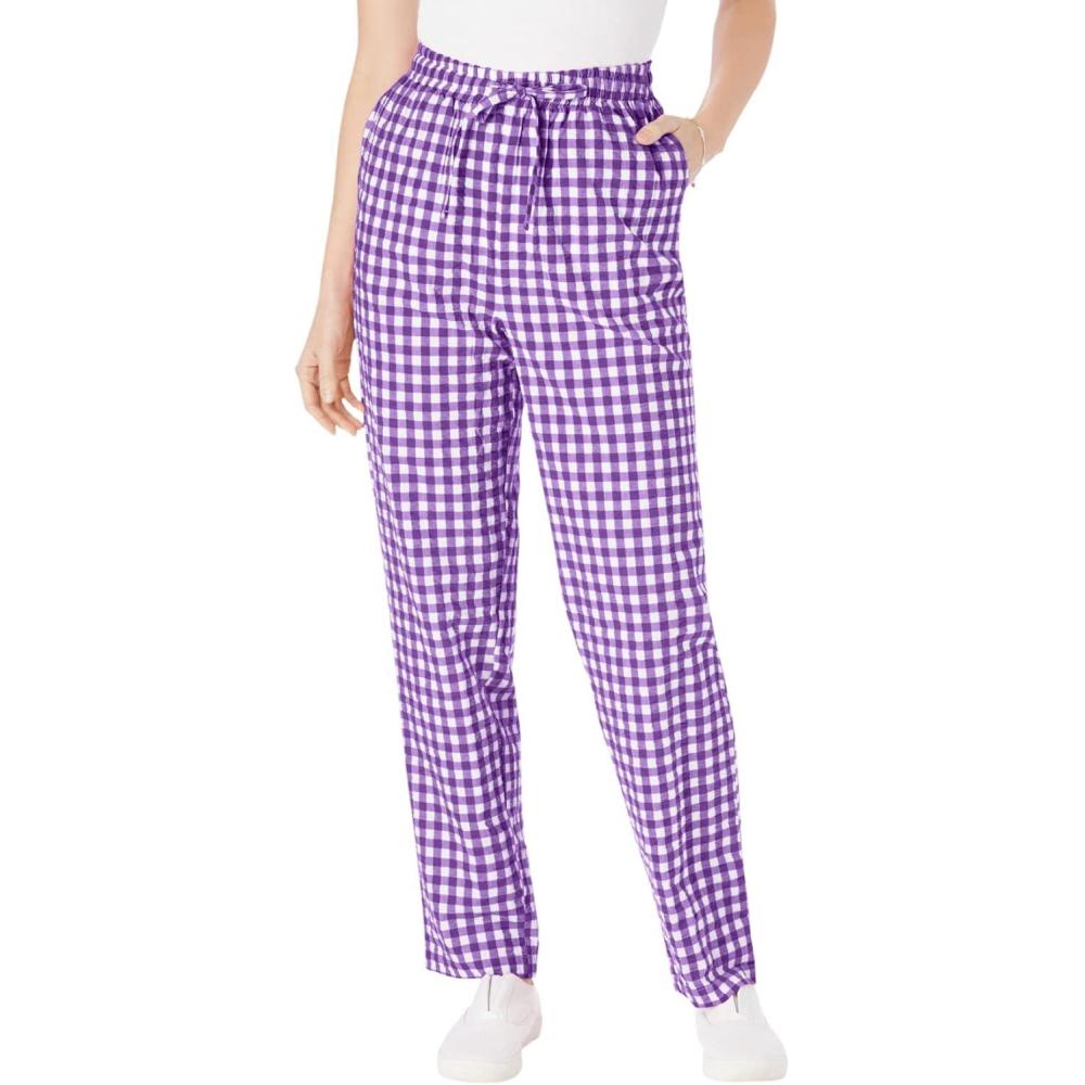 image:imageWoman Within Plus Size Seersucker PullOn ElasticWaist PantsPurple Orchid Gingham